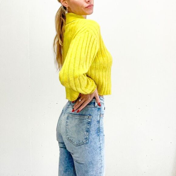 Wild Fable yellow cropped knit sweater collared button front cute small medium - Picture 1 of 10
